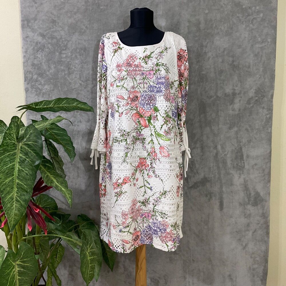 R & K Originals Floral Knit overlay Dress Sz 18 Long Sleeve Midi shift